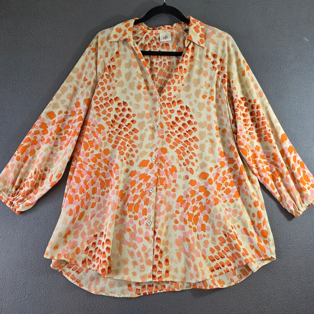 Cabi Serpentine Blouse Orange Pink Animal Print Button Front Medium Flowy Top